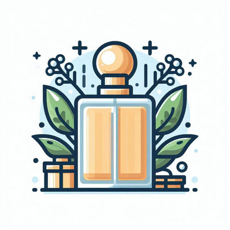 Perfume bottle with leaves and gift boxes. Vector illustration.のイラスト素材