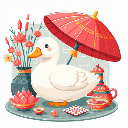 Illustration of a cute duck in a Chinese tea ceremony. Vector illustrationのイラスト素材