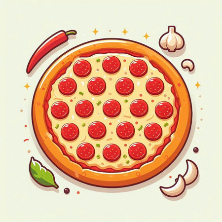 Illustration of a Pepperoni pizza on a light background. Vector illustrationのイラスト素材