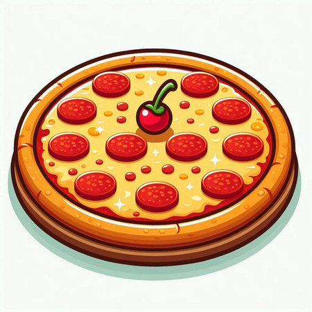 Pizza with salami, cheese and cherry. Vector illustration.のイラスト素材