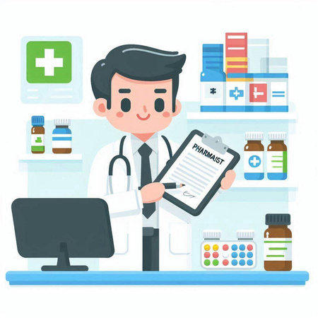 Male doctor writing prescription in medical office. Vector illustration in flat styleのイラスト素材
