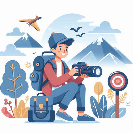 Tourist with backpack and camera in mountains. Vector illustration in flat styleのイラスト素材
