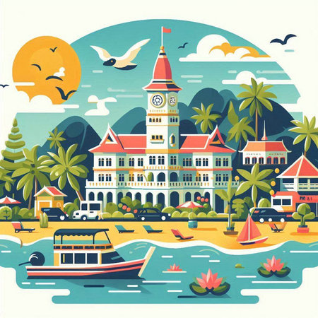 Tropical island with palm trees and boats. Vector illustration.のイラスト素材