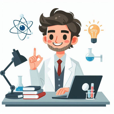 Scientist working at the computer. Vector illustration in cartoon style.のイラスト素材