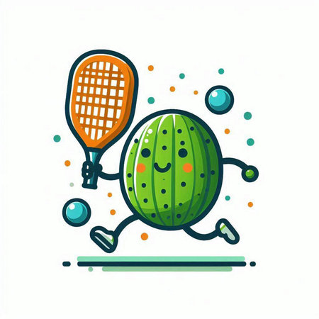 Cute cartoon watermelon with tennis racket and ball. Vector illustration.のイラスト素材