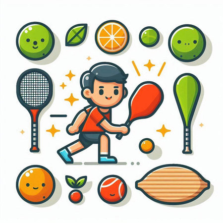 Cartoon vector illustration of boy playing tennis. Collection of sport icons.のイラスト素材