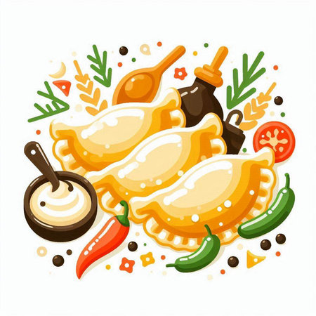 Illustration of dumplings with vegetables and spices. Vector illustrationのイラスト素材