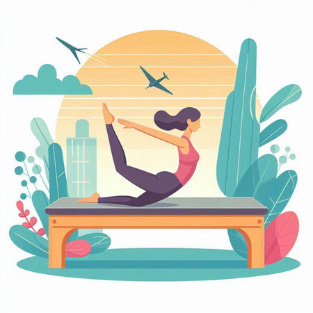 Young woman practicing yoga in the park. Flat style vector illustration.のイラスト素材