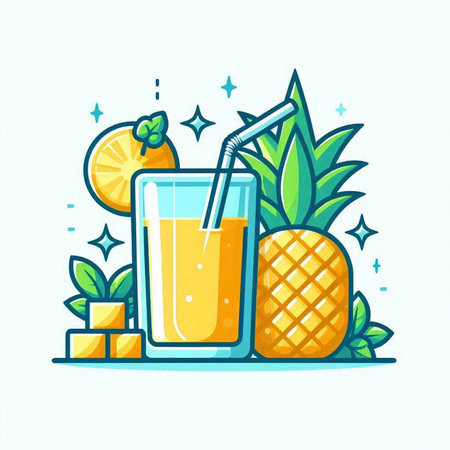 Pineapple juice in a glass with a straw. Vector illustration.のイラスト素材