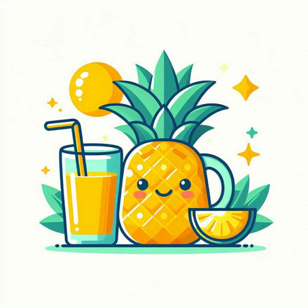 Cute cartoon pineapple character with glass of juice and slices of orange.のイラスト素材
