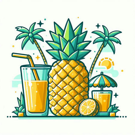Pineapple juice and lemon on the white background. Summer vector illustration.のイラスト素材