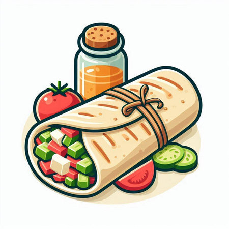 Tortilla wrap with vegetables and spices. Vector illustration isolated on white background.のイラスト素材