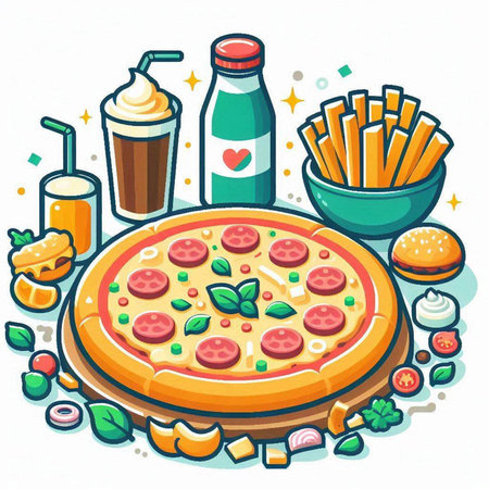 Pizza and fast food on a white background. Vector illustration.のイラスト素材