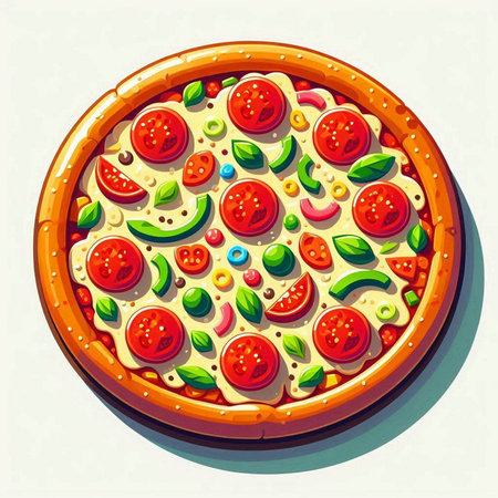 Pizza with tomatoes and mozzarella cheese. Vector illustration.のイラスト素材