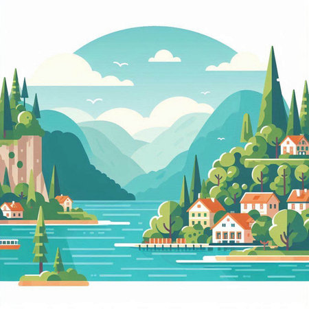 Landscape with lake, forest, mountains and houses. Vector illustration.のイラスト素材