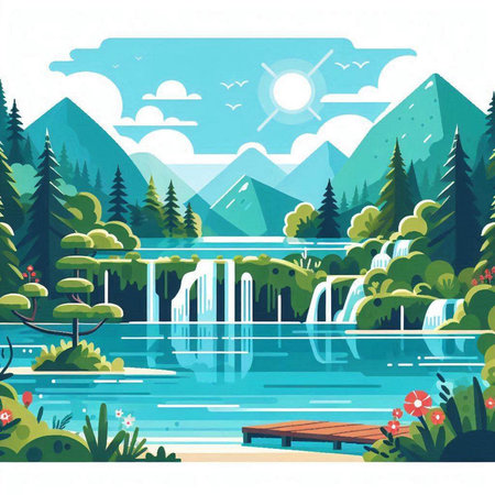 Landscape with waterfall, lake, mountains and trees. Vector illustrationのイラスト素材