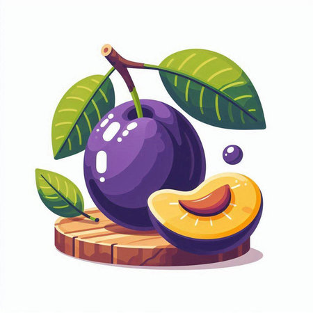 Plum fruit with leaves on a white background. Vector illustration.のイラスト素材