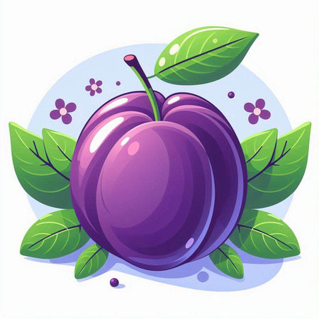 Plum with leaves and flowers on a white background. Vector illustration.のイラスト素材