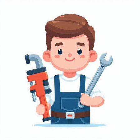 Cartoon handyman with wrench and pipe wrench. Vector illustration.のイラスト素材