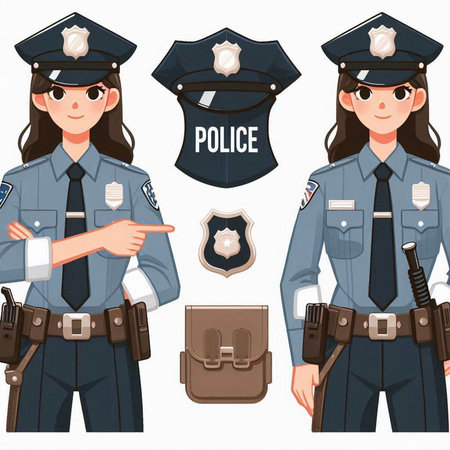 Police officer set. Policewoman in uniform. Vector illustration.のイラスト素材