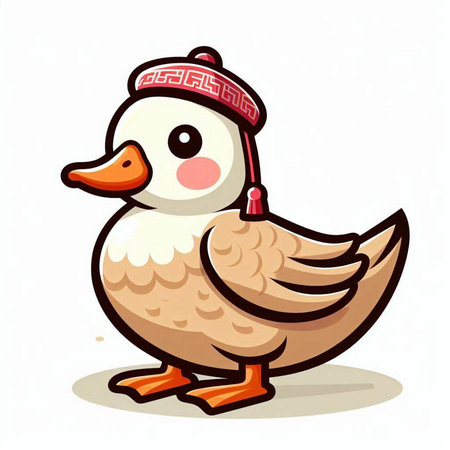 Vector illustration of a cute cartoon duck in a hat and scarf.のイラスト素材