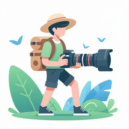 Photographer with camera and backpack. Vector illustration in flat style.のイラスト素材