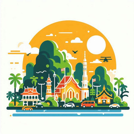 Malacca city skyline vector illustration in flat design style. Travel and tourism concept.のイラスト素材