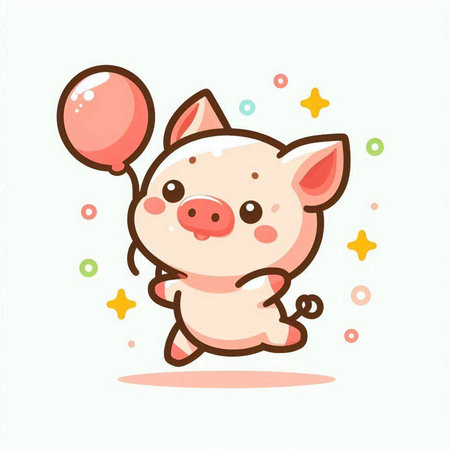Cute pig cartoon vector illustration. Cute pig character with balloon.のイラスト素材