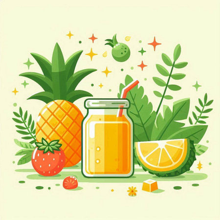 Mason jar of pineapple smoothie and fresh fruits. Vector illustrationのイラスト素材