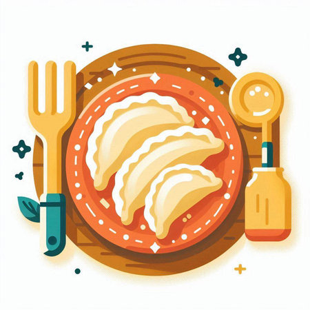 Vector illustration of dumplings on a plate with fork and spoon.のイラスト素材