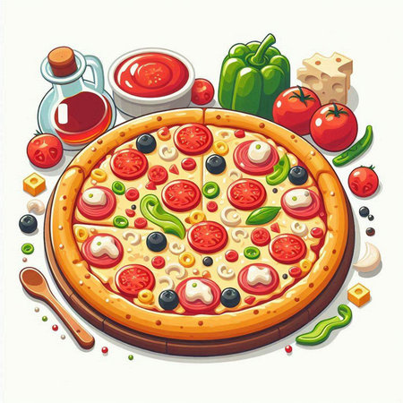 Pizza with tomato, mozzarella, olives, pepper, cheese and other ingredients.のイラスト素材