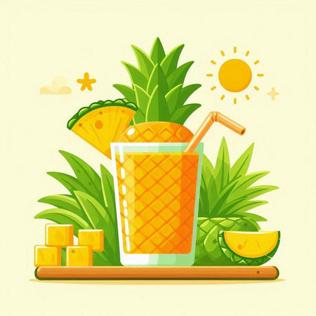 Vector illustration of fresh pineapple juice in a glass with straws and slices of pineapple.のイラスト素材