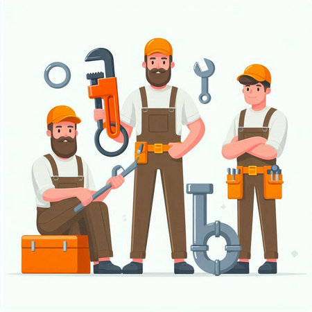 Repairman team. Vector illustration in cartoon style on white background.のイラスト素材
