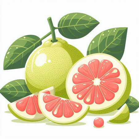 Vector illustration of fresh whole and half grapefruits with leaves on white backgroundのイラスト素材
