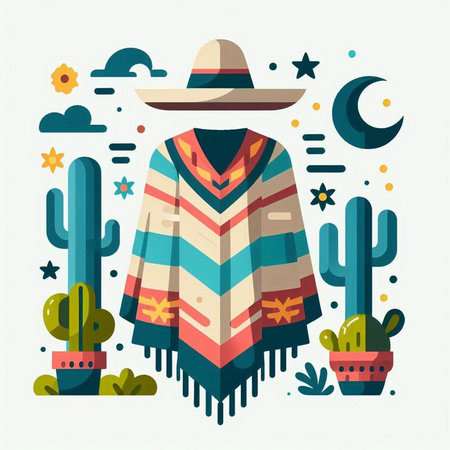 Mexican poncho with cactus and sombrero. Vector illustration.のイラスト素材