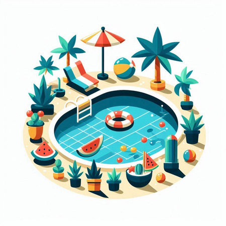 Swimming pool isometric composition with inflatable swimming pool and palm trees vector illustrationのイラスト素材
