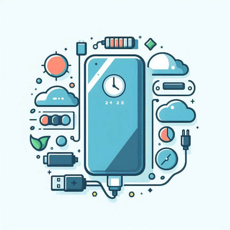 Smartphone with battery charge level indicator. Vector illustration in linear styleのイラスト素材