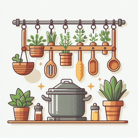 Kitchen utensils and pots on shelf. Vector illustration.のイラスト素材