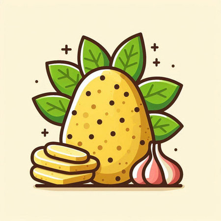 Potato icon. Vector illustration of potato with leaves and garlic.のイラスト素材