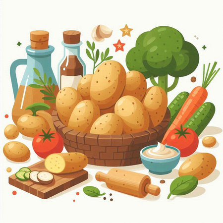 Potatoes in a basket with ingredients for cooking. Vector illustration.のイラスト素材