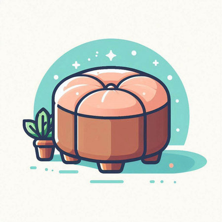 Illustration of brown pouf with potted plant. Vector illustration.のイラスト素材