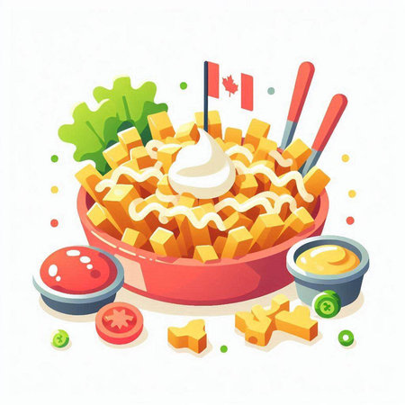 Illustration of a bowl of french fries with mayonnaise and sauceのイラスト素材