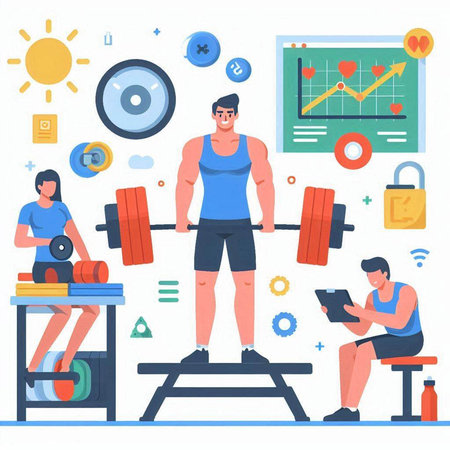 Fitness and healthy lifestyle concept with people working out at gym vector illustrationのイラスト素材