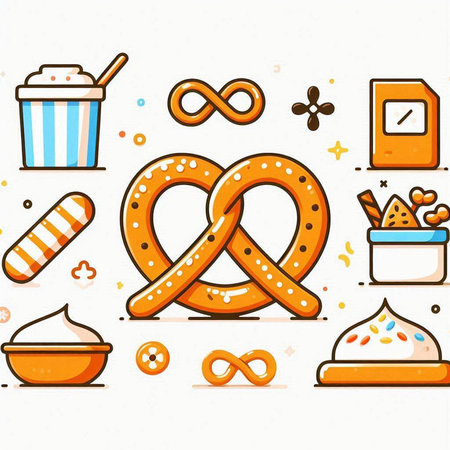 Pretzel and pretzel icons. Vector illustration in line style.のイラスト素材