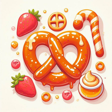 Bavarian pretzel with caramel and berries. Vector illustration.のイラスト素材