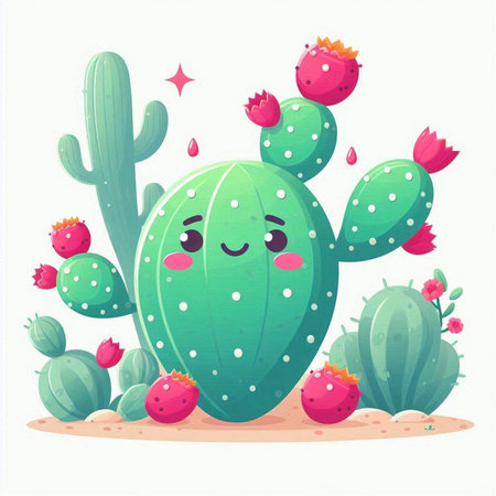 Cute cactus character vector illustration. Cute cartoon cacti with flowers.のイラスト素材
