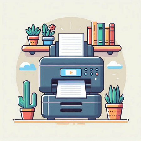 Vector illustration of a flat design of a printer on a light background.のイラスト素材