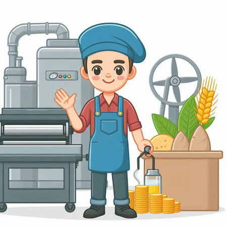 Illustration of a Cute Little Boy Wearing a Blue Apron Standing in Front of a Production Plantのイラスト素材