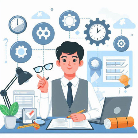Businessman working at office vector illustration. Cartoon businessman sitting at desk and writing in notebook. Businessman at workplace with laptop, documents, lamp and other items.のイラスト素材