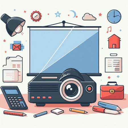 Vector illustration of modern flat line art design of projector, camera, stationery and other objects.のイラスト素材